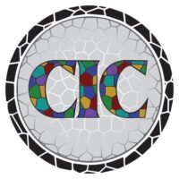 The uppercase letters CIC in stained glass style with blue, purple, yellow, red, turquoie, and green, on a gray circular stained glass background with a black border.